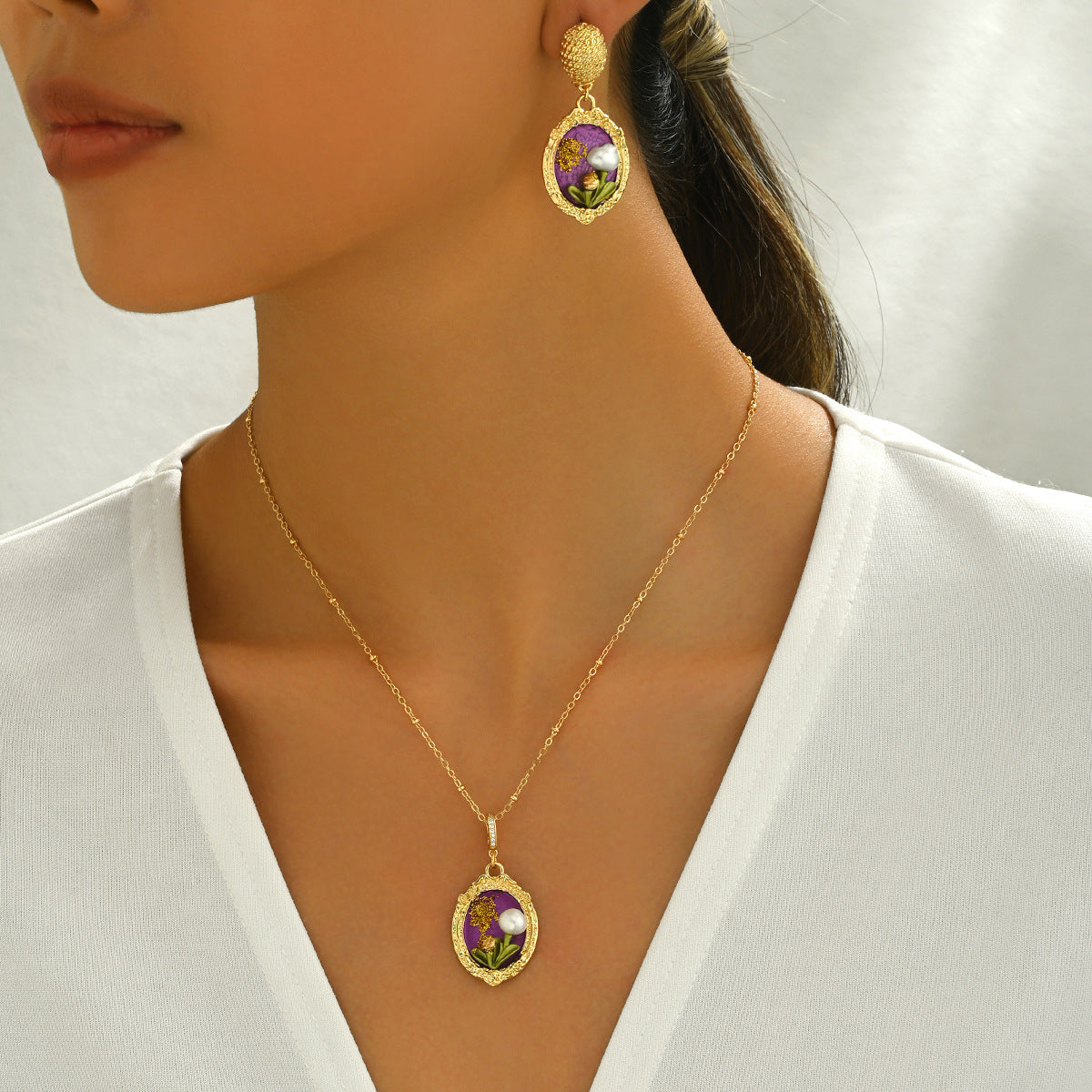 Purple Floral Oval Jewelry