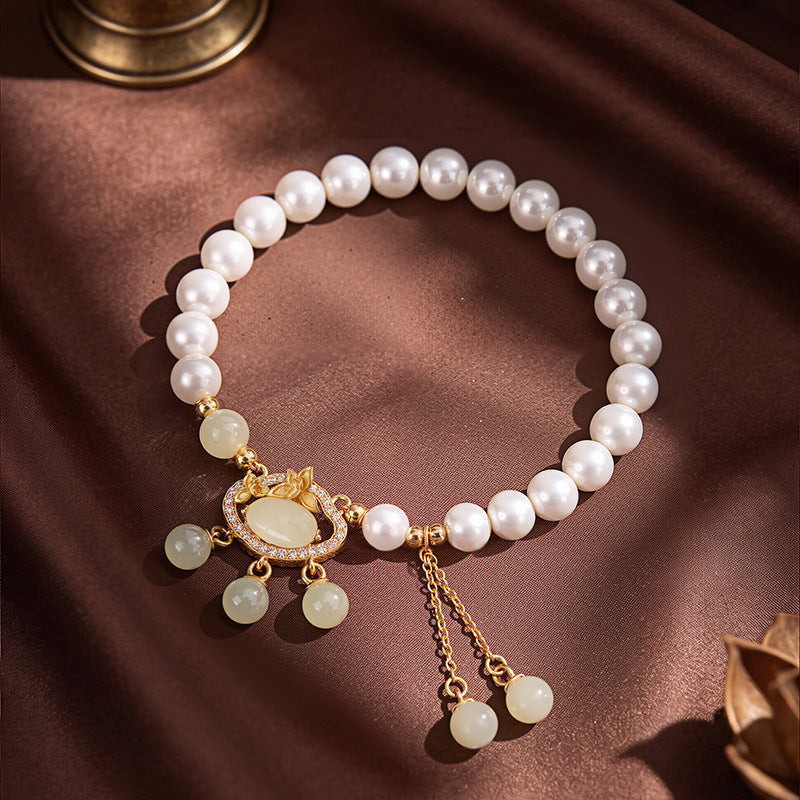 S925 Sterling Silver Hetian Jade Necklace New Chinese Tassel Auspicious Cloud Ruyi Lock Pearl Bracelet National Style Set Accessories