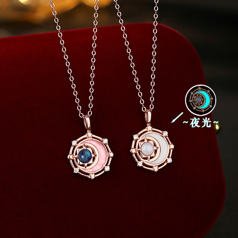 Star Moon S925 Sterling Silver Necklace Dripping Enamel Luminous Pendant Niche White Agate Clavicle Chain Gift for Women