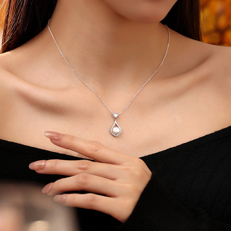 Sterling Silver S925 Necklace Women's Lovely Water Drop Freshwater Pearl Pendant Light Luxury Ins Style Clavicle Chain for Girlfriend Jewelry