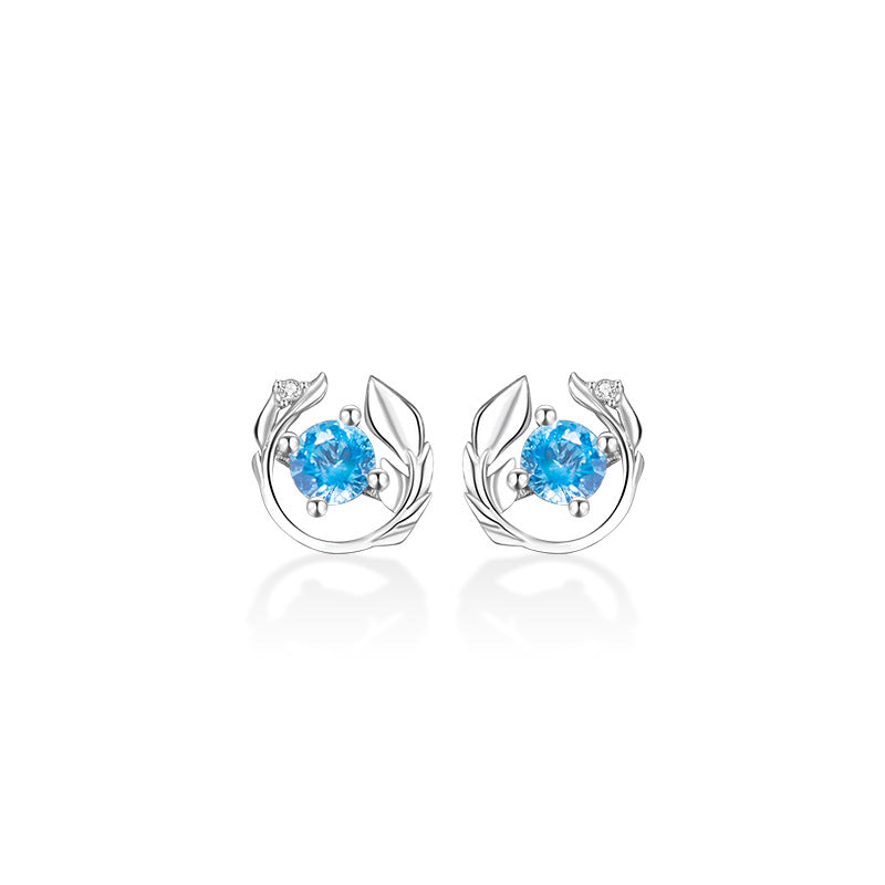 Yu You Accompany Sterling Silver 925 Stud Earrings Women's Fashion Versatile Blue Zircon Earrings Ins Style Light Luxury Feather Earrings