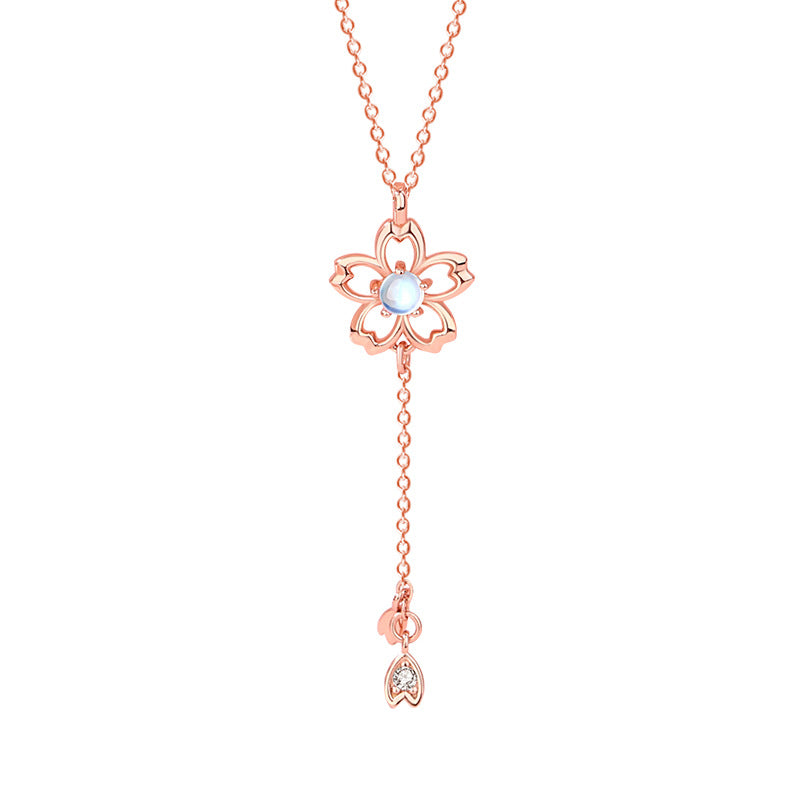 Cherry Blossom Sterling Silver 925 Necklace Women's Fashion Versatile Ins Style Glazed Stone Clavicle Chain Valentine's Day Flower Pendant