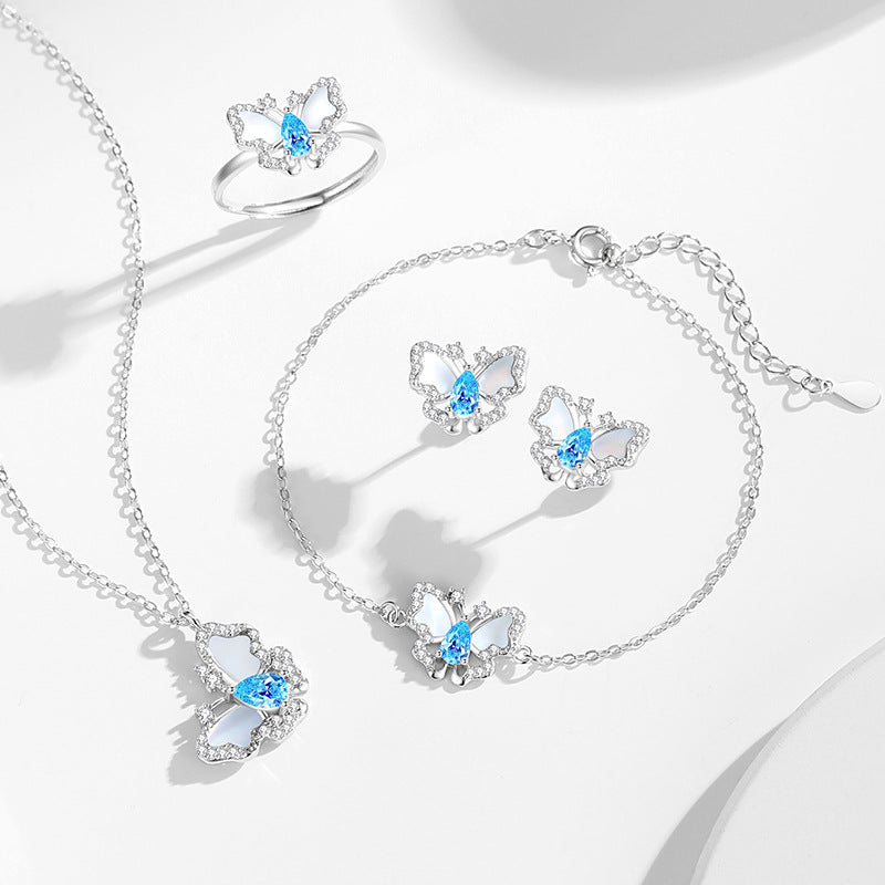 Original Butterfly Sterling Silver 925 Ring Women's Fashion All-Match Sea Blue Zircon Ring Ins Style White Fritillary Ring