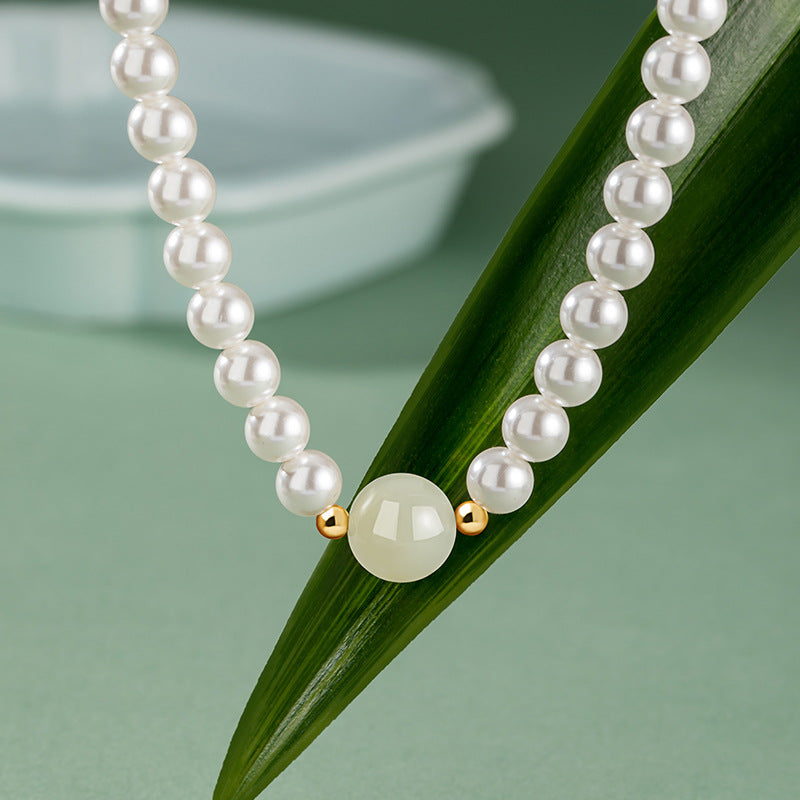 Hetian Jade Sterling Silver 925 Necklace Women's Light Luxury High-Grade Shijia Pearl Clavicle Chain Ins Mother's Day Gift Pendant