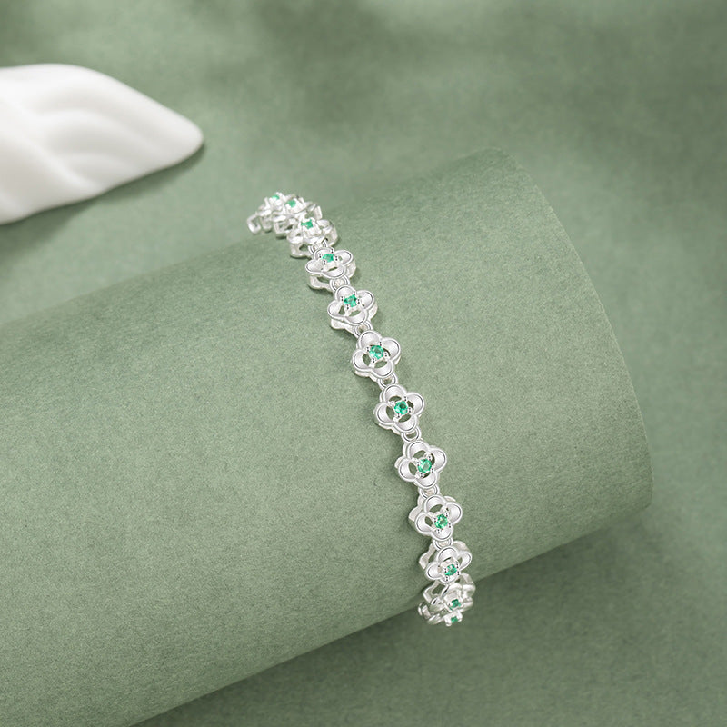 Fine Silver Clover and Petal Bracelet – Zircon Accents