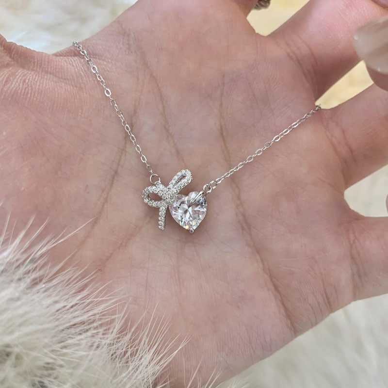 Bow 999 Pure Silver Necklace Female Cute Sweet Style Lovely Clavicle Chain Little Red Book Style Princess Pendant