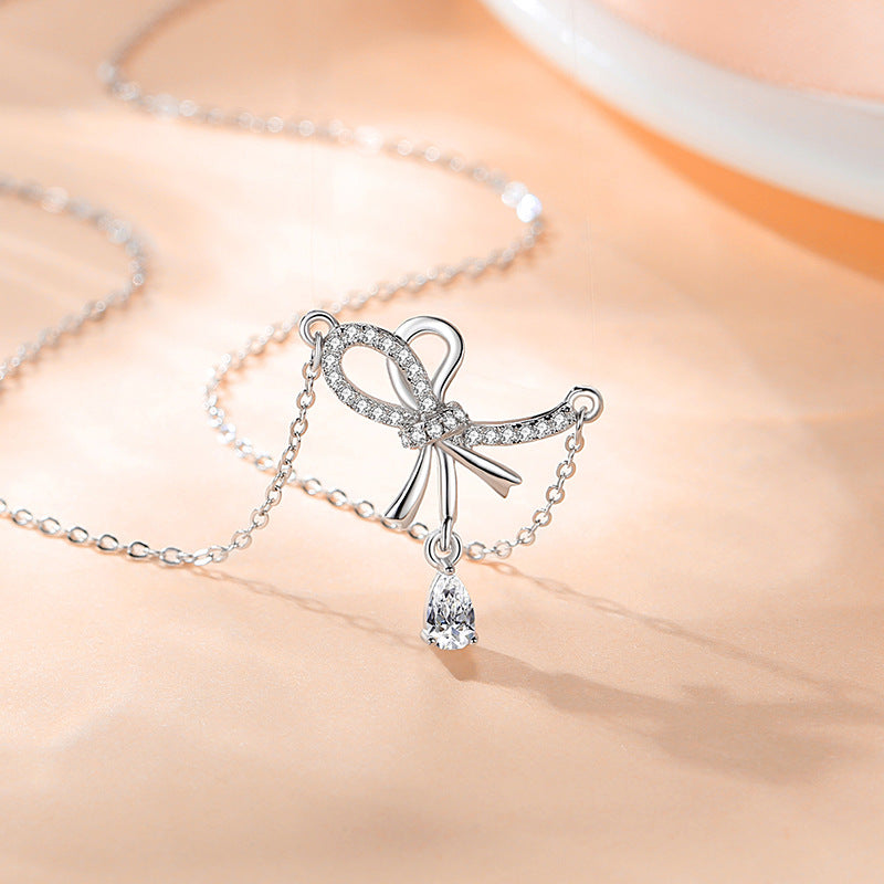 Bow Sterling Silver 925 Necklace Women's Fashion All-Match Zircon Clavicle Chain Ins Style High-Grade Love Pendant