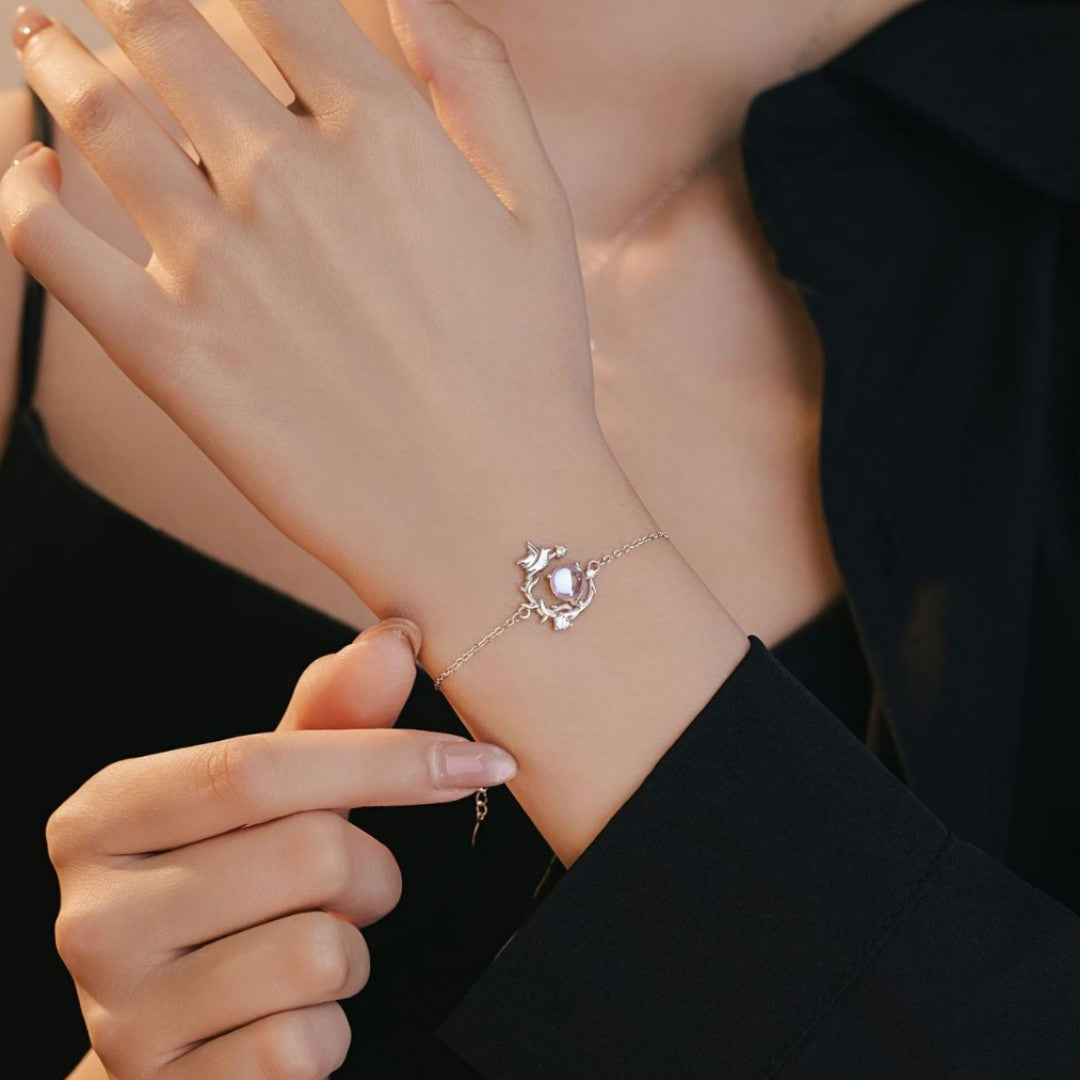 Bracciale in argento sterling 925 – eucalipto e uccello e zirconi