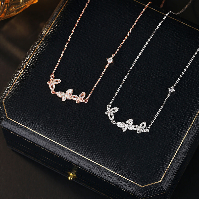 S925 Sterling Silver Necklace Women's Light Luxury Butterfly Pendant High-Grade Versatile Niche Clavicle Chain Daily Commuter Silver Jewelry