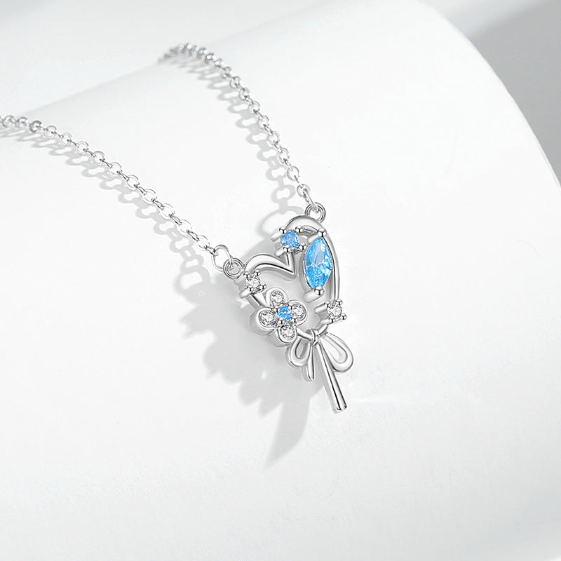 Lovely Sterling Silver 925 Necklace Women's Fashion All-Match Lucky Clover Clavicle Chain Ins Bow Key Pendant