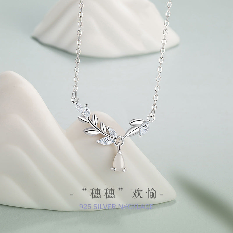 Tassel Safe Sterling Silver 925 Necklace Women's Fashion Versatile Hetian Jade Laurel Clavicle Chain Ins Style Wheat Ear Pendant