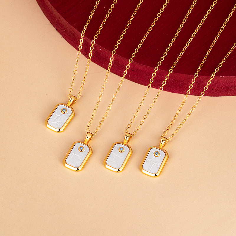 European and American Cross-Border Twelve Constellation S925 Silver Necklace White Fritillary Square Pendant Birthday Stone Niche Design Necklace