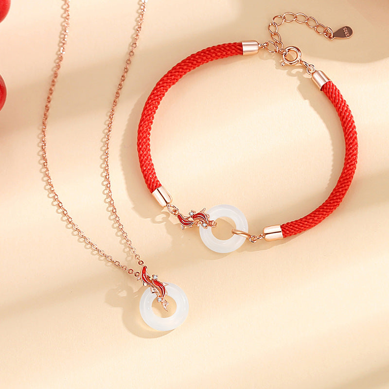 Koi Fish S925 Silver Chalcedony Necklace Female Niche Design Light Luxury Zircon Clavicle Chain Ins Safety Buckle Pendant
