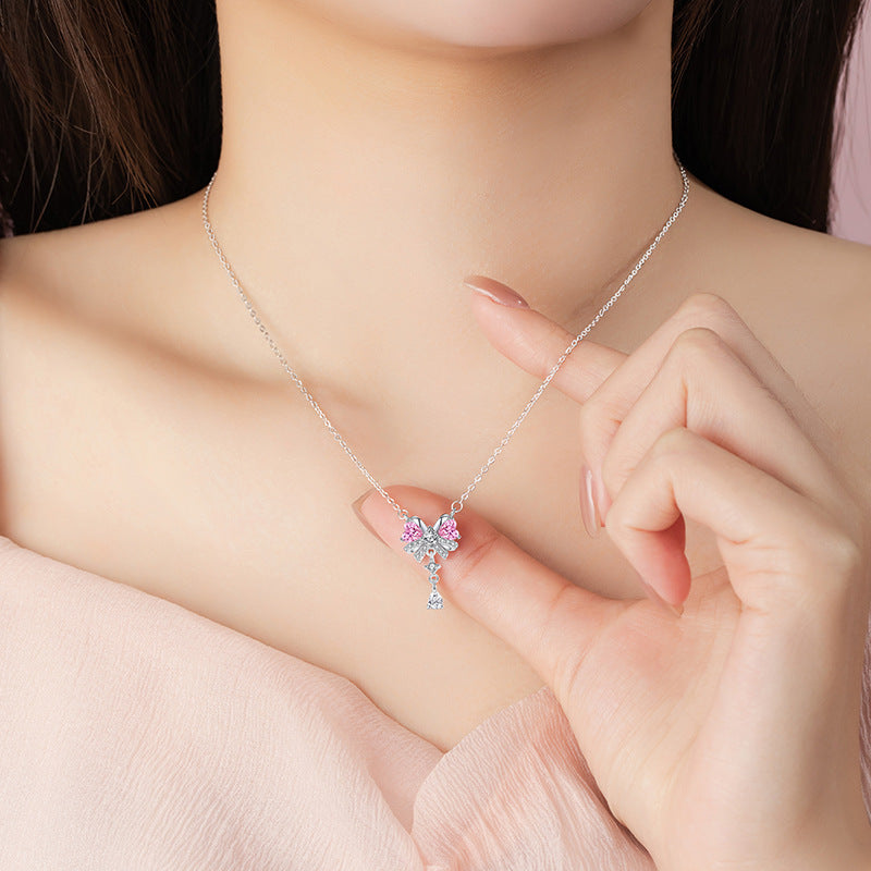 Bow Sterling Silver 925 Necklace Female Niche Design Light Luxury Tassel Zircon Clavicle Chain Love Pink Diamond Pendant