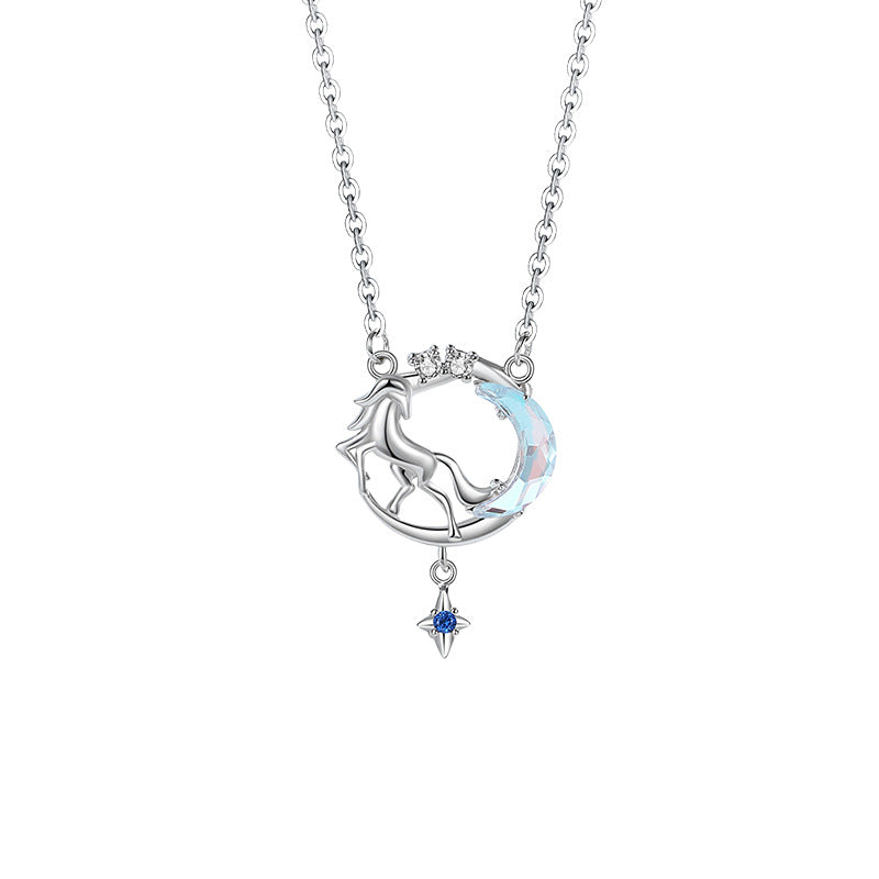 Collana in argento sterling 925 – unicorno e luna e dettaglio in vetro