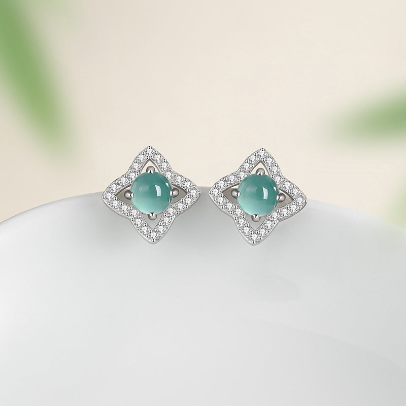 Lucky Clover Sterling Silver 925 Stud Earrings Women's New Chinese Style Natural Blue Water Dangerous Jade Earrings Ins Flower Earrings