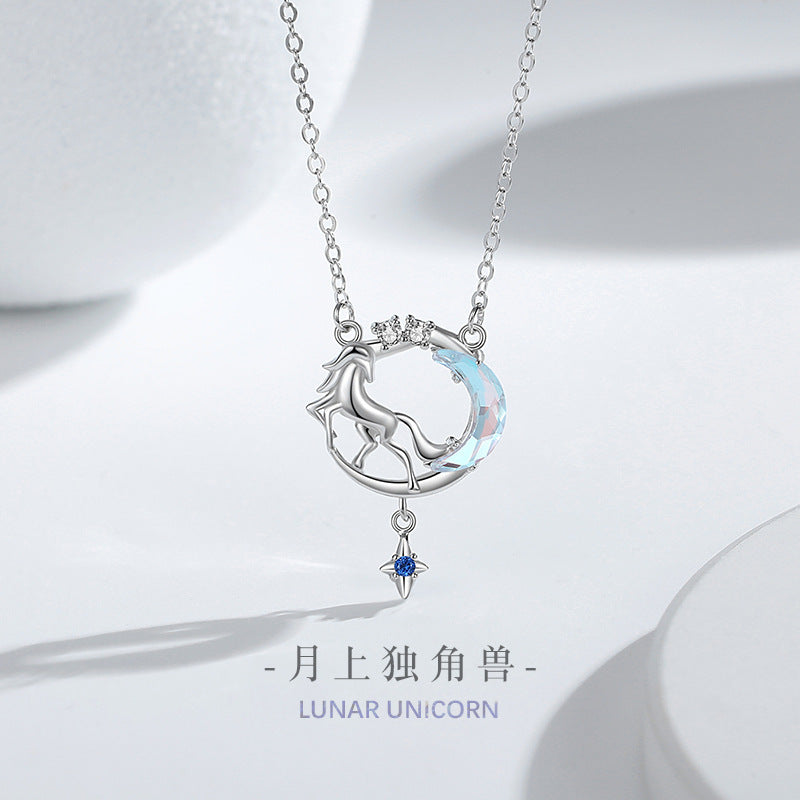 Collana in argento sterling 925 – unicorno e luna e dettaglio in vetro