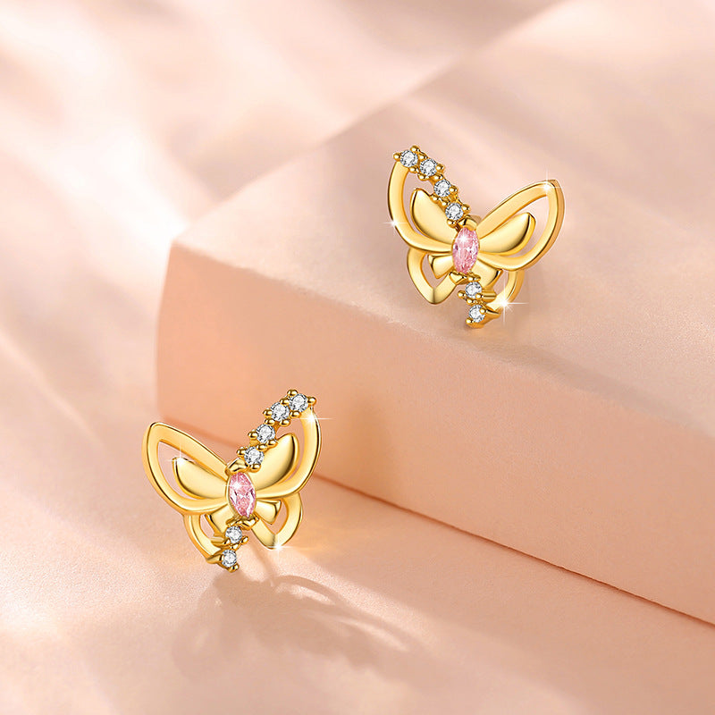 Butterfly Sterling Silver 925 Stud Earrings Female Niche Design Light Luxury Pink Diamond Zircon Earrings Ins Style Wings Girlfriends Stud Earrings
