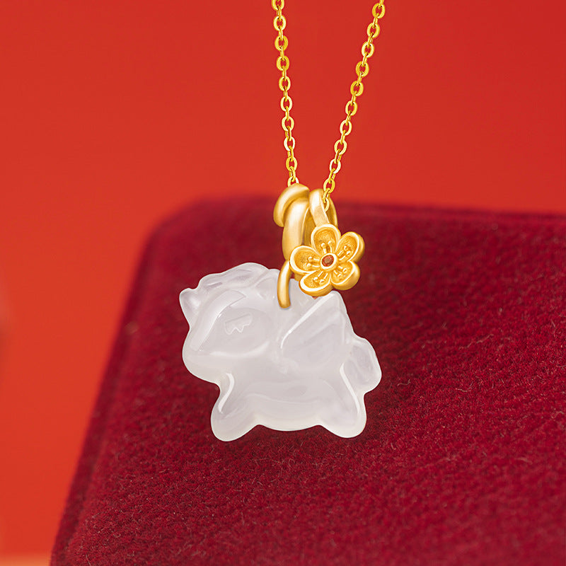 Immediately Rich Flower Sterling Silver 925 Necklace Female National Tide White Agate Birth Year Clavicle Chain Zodiac Horse Flower Pendant