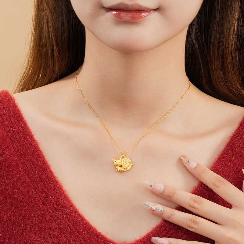 Fox Pure Silver 999 Necklace Female Niche Design Light Luxury Style Nine Tail Fox Clavicle Chain Ins Style Fox Fairy Pendant