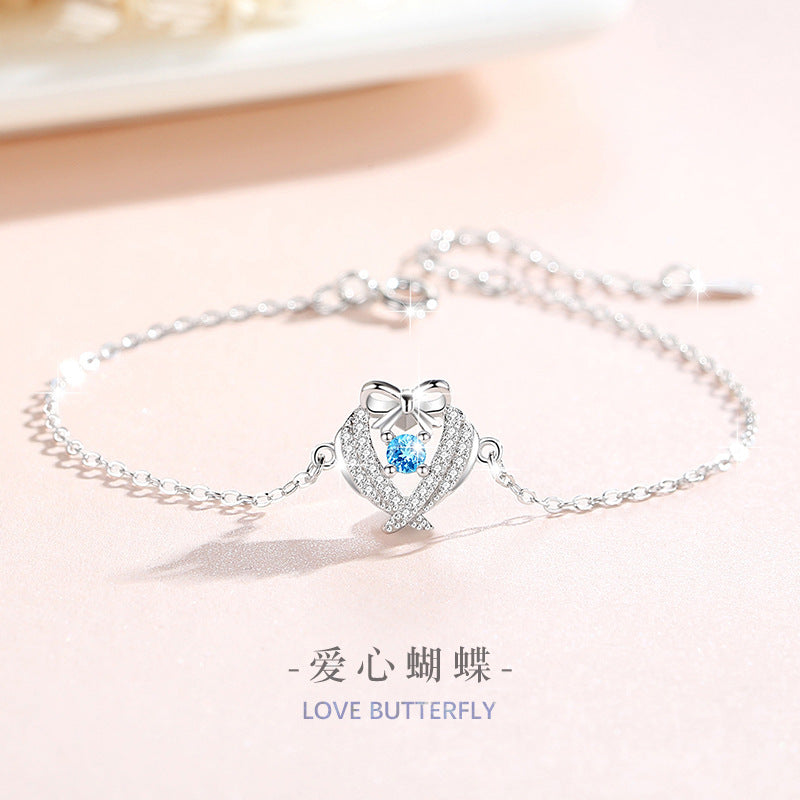 Lovely Sterling Silver 925 Bracelet Female Niche Design Light Luxury Blue Zircon Bracelet for Girls Ins Bow Bracelet