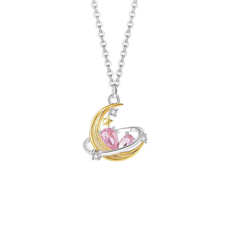 Star Moon Sterling Silver 925 Necklace Female Niche Design Light Luxury Planet Pink Diamond Clavicle Chain Ins Love Pendant