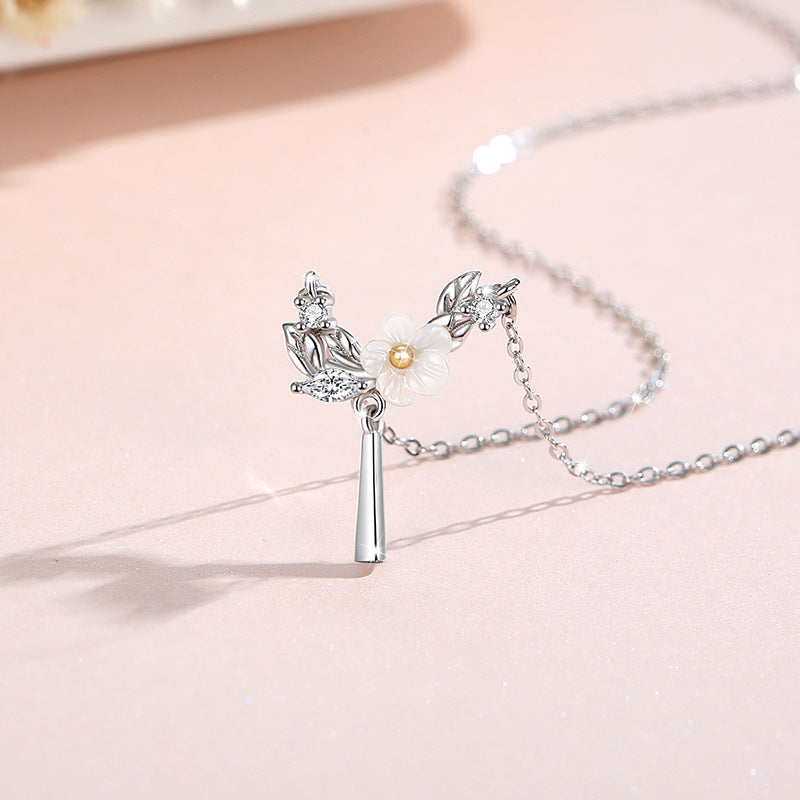 Cherry Blossom Sterling Silver 925 Necklace Female Niche Design Light Luxury Zircon Tassel Clavicle Chain Get Things Ins Flower Pendant