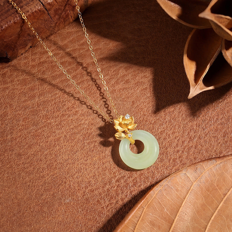 New Chinese Style S925 Sterling Silver Necklace Women's Natural Hetian Jade Lotus Pendant Elegant Valentine's Day Gift National Style Silver Jewelry
