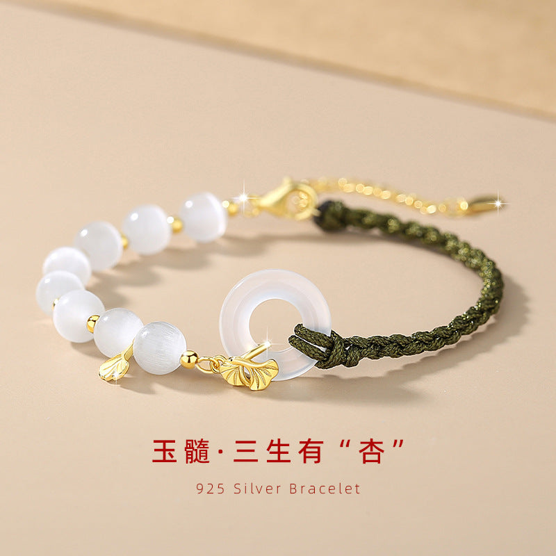 Bracciale in argento sterling 925 – disco e foglia e calcedonio