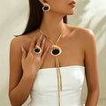 Black Oval Flowing Lariat Jewelry