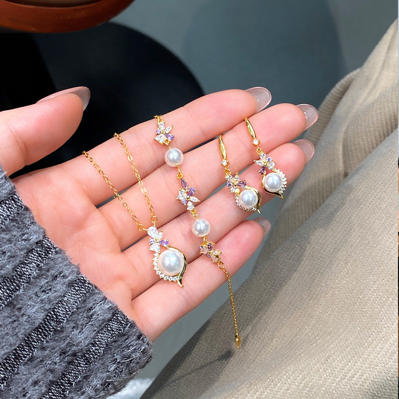 2026 New Chinese Style Wisteria Pearl Butterfly Silver Jewelry Set Women's Light Luxury Niche Necklace Bracelet Earrings Wholesale