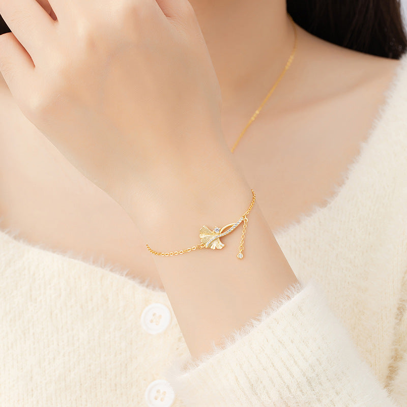 Sansheng Lucky Sterling Silver 925 Bracelet Female Niche Design Light Luxury Zircon Tassel Bracelet Ins Ginkgo Leaf Bracelet