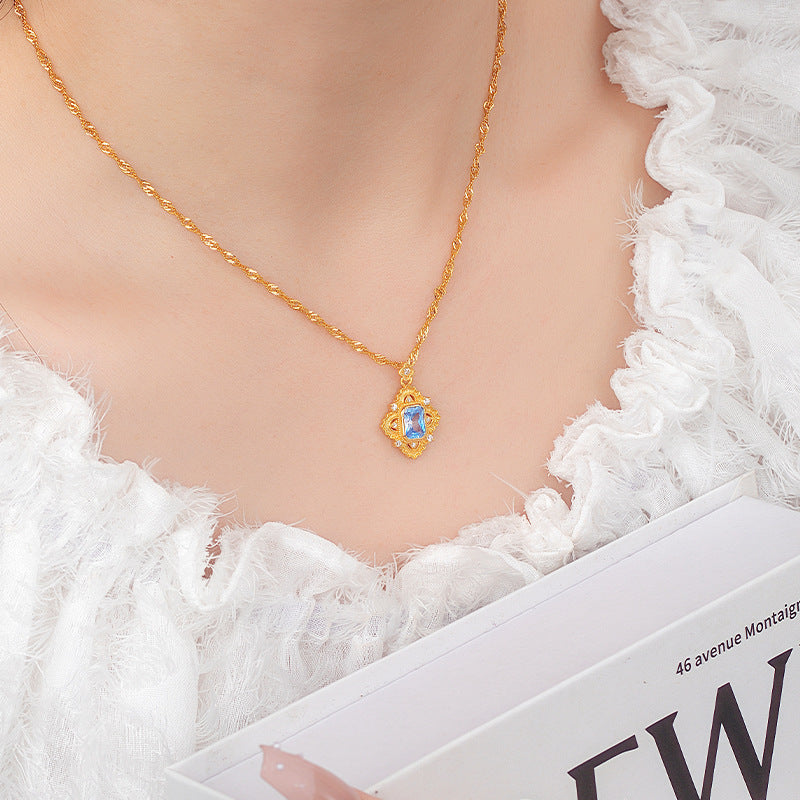 Sterling Silver 925 Necklace Buqi Style Hand-Brushed Blue Zircon Clavicle Chain Ins Vintage Diamond High-Grade Pendant
