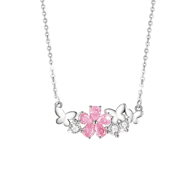 Cherry Blossom Sterling Silver 925 Necklace Female Niche Design Light Luxury Pink Diamond Clavicle Chain 520 Valentine's Day Butterfly Pendant