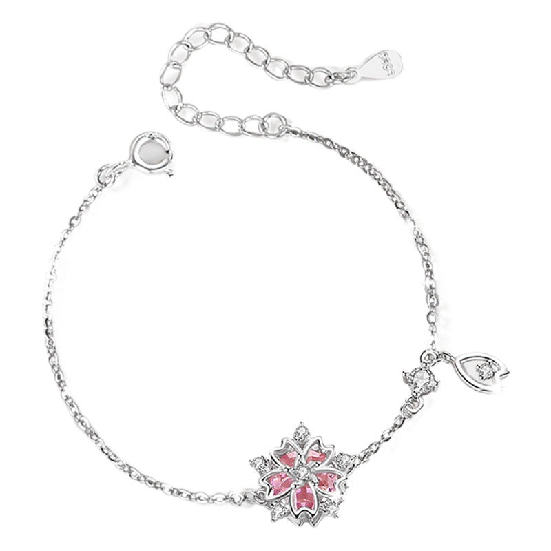 Cherry Blossom Sterling Silver S925 Bracelet Women's Fashion Versatile Pink Zircon Bracelet Ins Style Tassel Bracelet