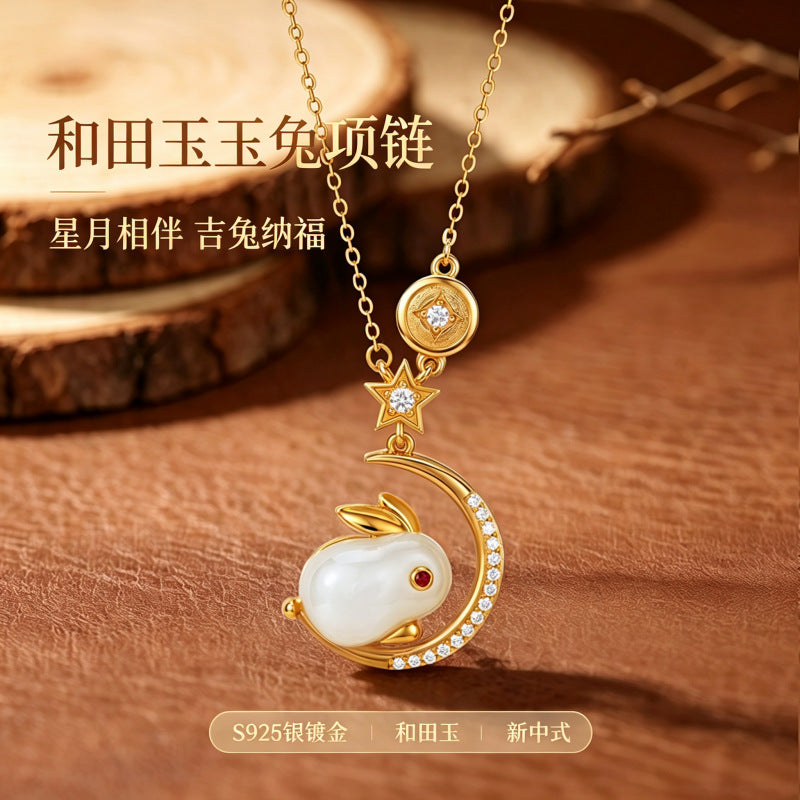 S925 Sterling Silver Hetian Jade Rabbit Necklace Women's New Chinese Style White Jade Pendant Chinese Style Zodiac Clavicle Chain Live Supply