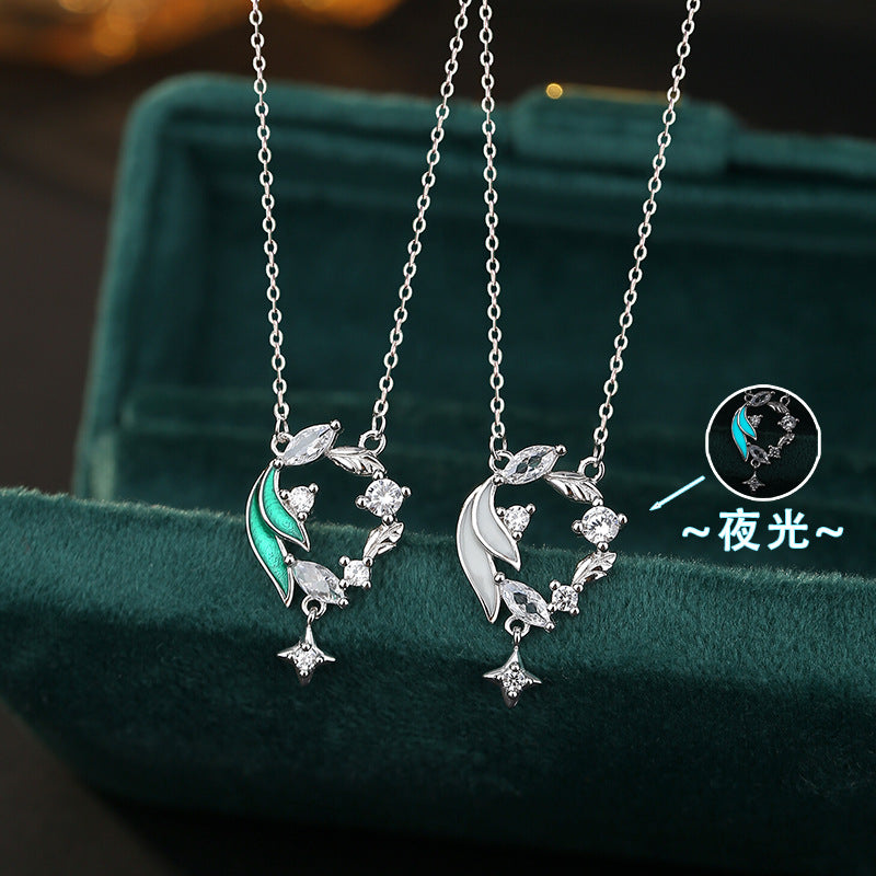 Natural White Agate S925 Sterling Silver Necklace Enamel Luminous Clavicle Chain Niche Ins Style Butterfly Garland Pendant