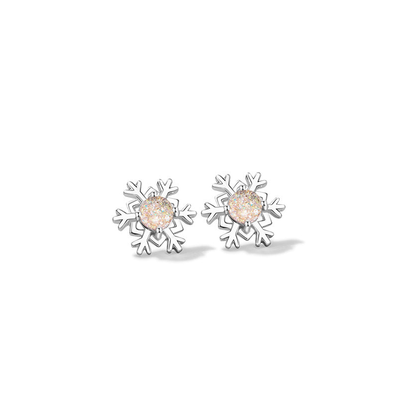 Snowflake Sterling Silver 925 Stud Earrings Female Niche Light Luxury High-Grade Glass Stone Star Awn Earrings Ins Style Christmas Earrings