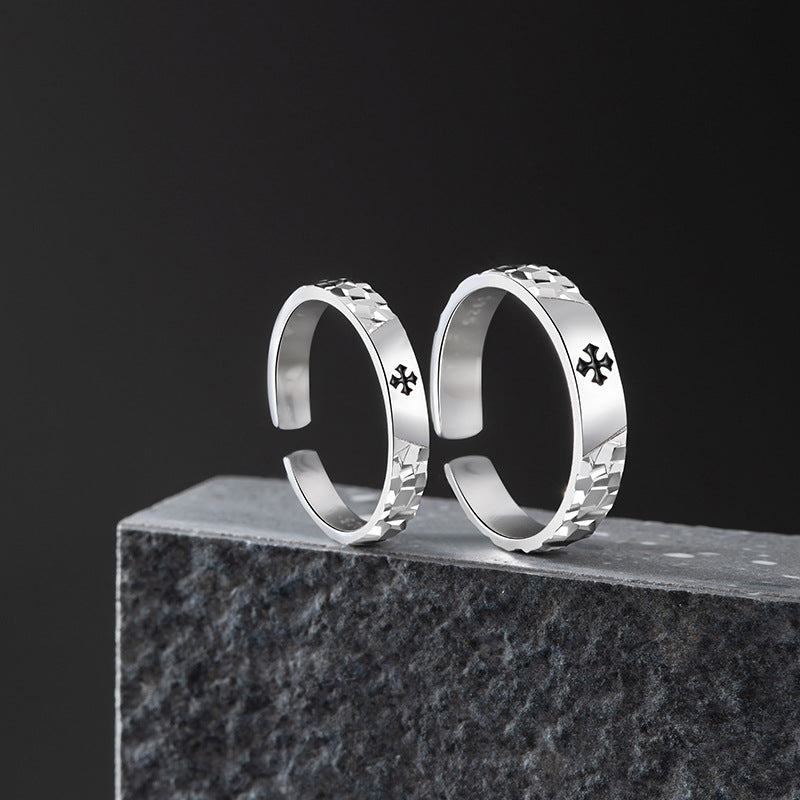 Cross Sterling Silver 925 Couple Ring Men's and Women's Fashion All-Match Star Ring Valentine's Day Broken Ice Pair Ring
