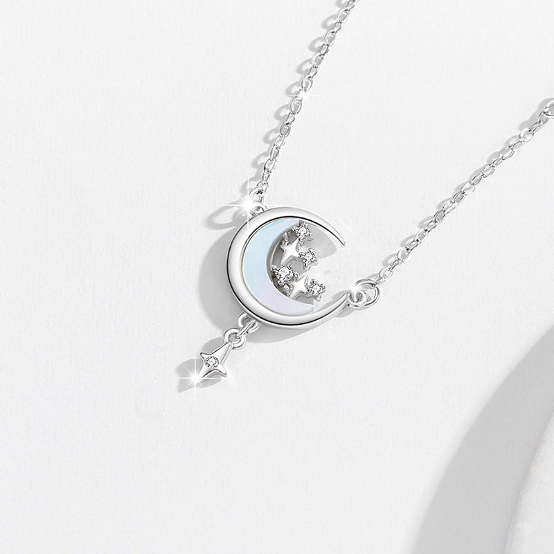 Star Moon Sterling Silver 925 Necklace Female Niche Design Light Luxury Tassel Clavicle Chain Get Things Ins Zircon Pendant