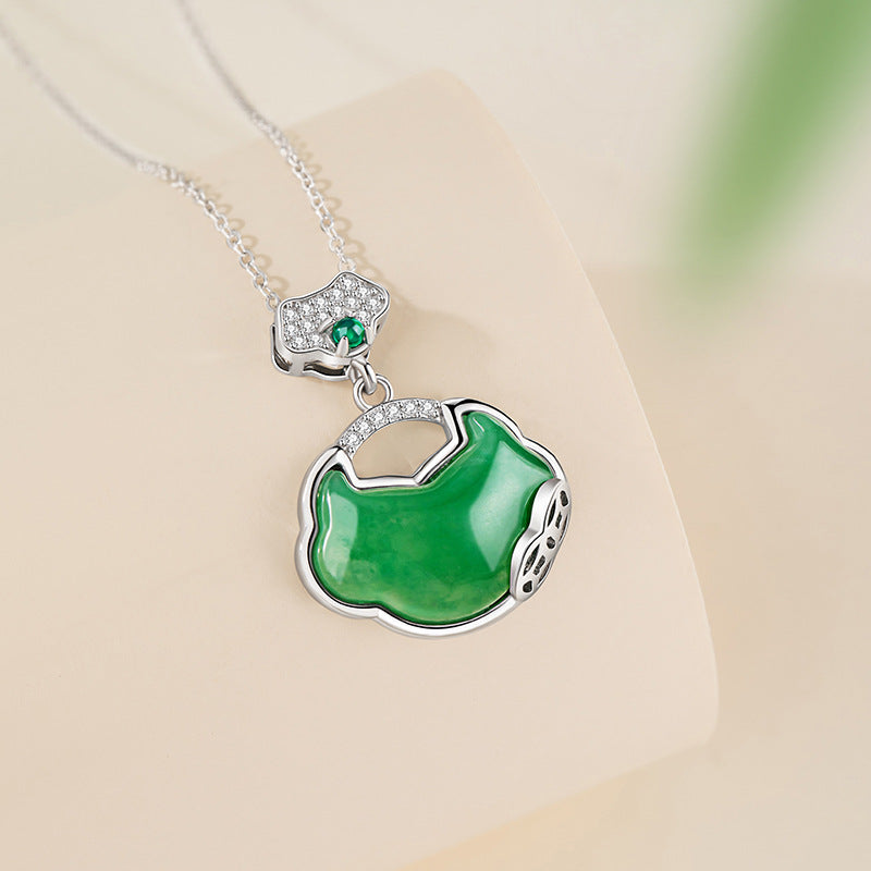 Xiangyun Ruyi Lock Sterling Silver 925 Necklace Women's New Chinese Natural African Emerald Coin Clavicle Chain Safety Lock Pendant