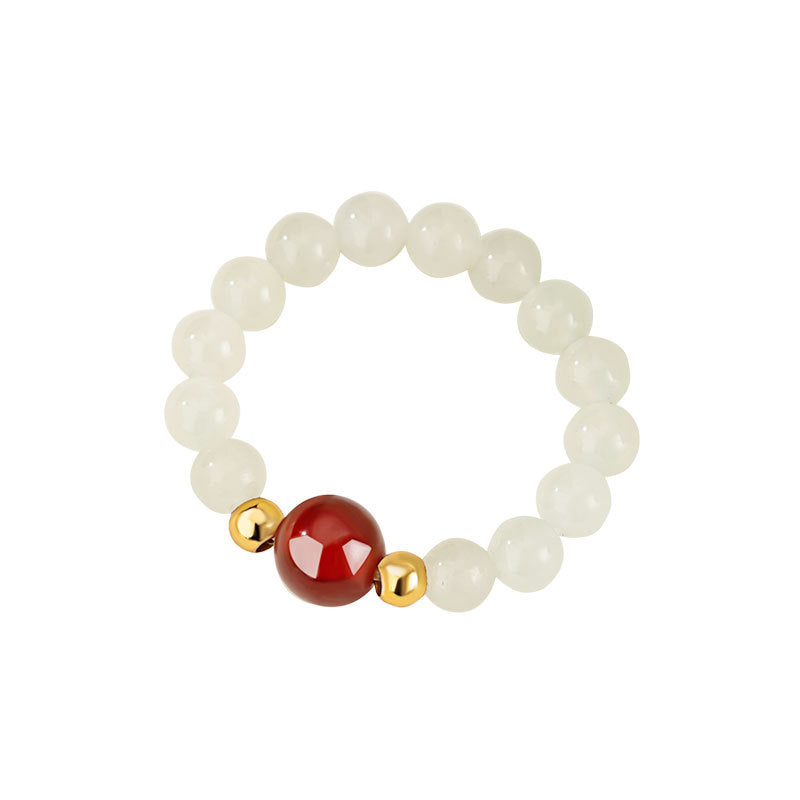 Natural Hetian Jade 925 Sterling Silver Ring Women's Light Luxury High-Grade New Chinese Style Ins Red Agate Beaded Ring