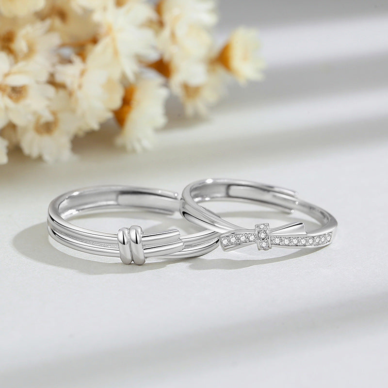 Original Double Knot Pure Silver 999 Couple Ring Men's and Women's Light Luxury High-Grade Zircon Ring Ins Bow Ring