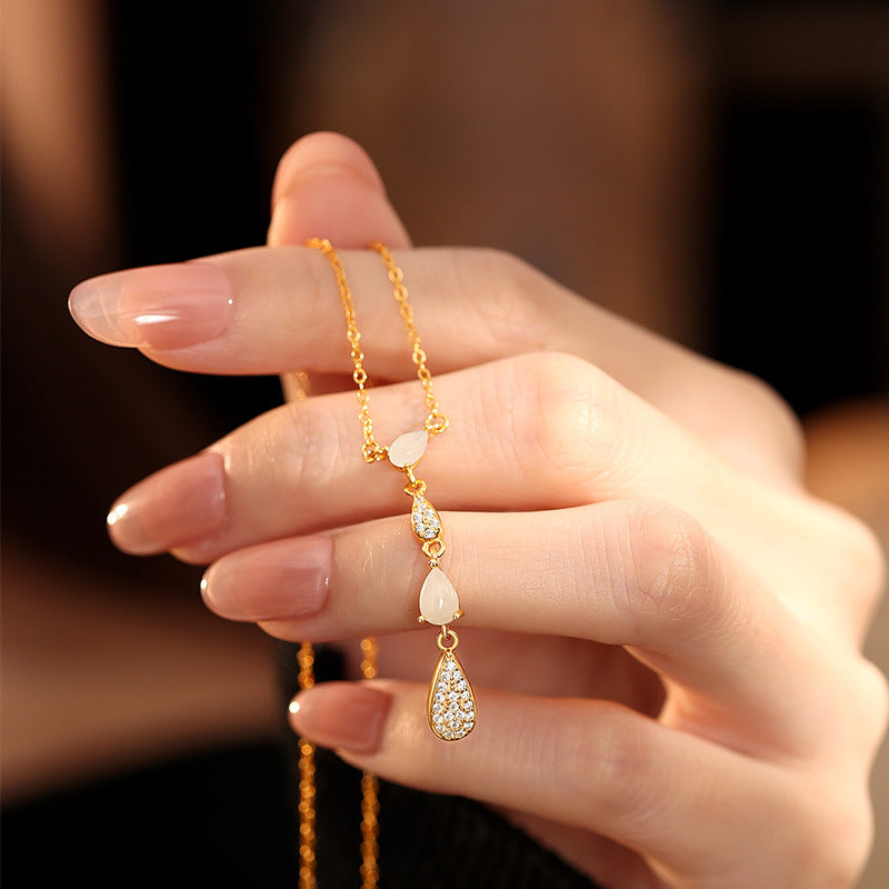 New Chinese Style Natural Hetian Jade White Chalcedony S925 Sterling Silver Necklace Elegant All-Match Water Drop Tears Tassel Clavicle Chain