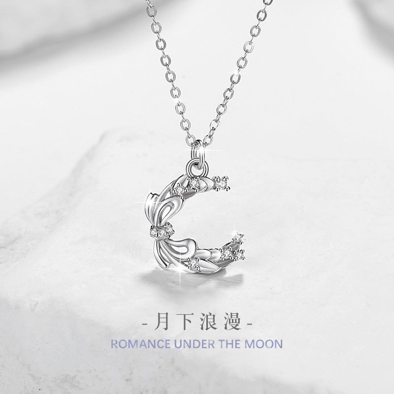 Bowknot Sterling Silver 925 Necklace Female Niche Design Light Luxury Zircon Clavicle Chain Get Things Ins Style Moon Pendant
