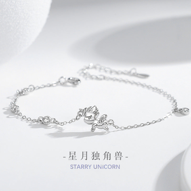 Bracciale in argento sterling 925 – unicorno e stella e luna e zirconi
