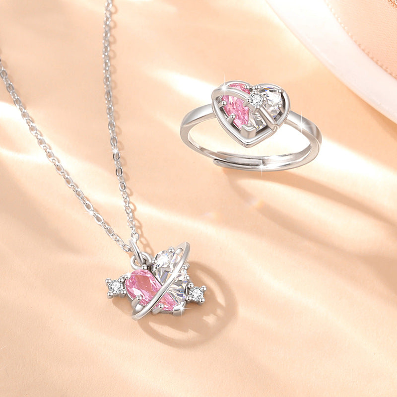 Lovely Sterling Silver 925 Ring Women's Fashion All-Match Pink Diamond Star Ring Qixi Things Ins Style Planet Ring