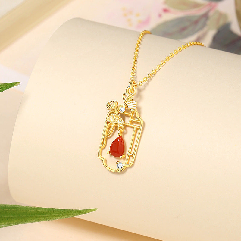 Sansheng Lucky Sterling Silver 925 Necklace New Chinese Style Chaonan Red Agate Water Drop Clavicle Chain Ins Ginkgo Leaf Pendant