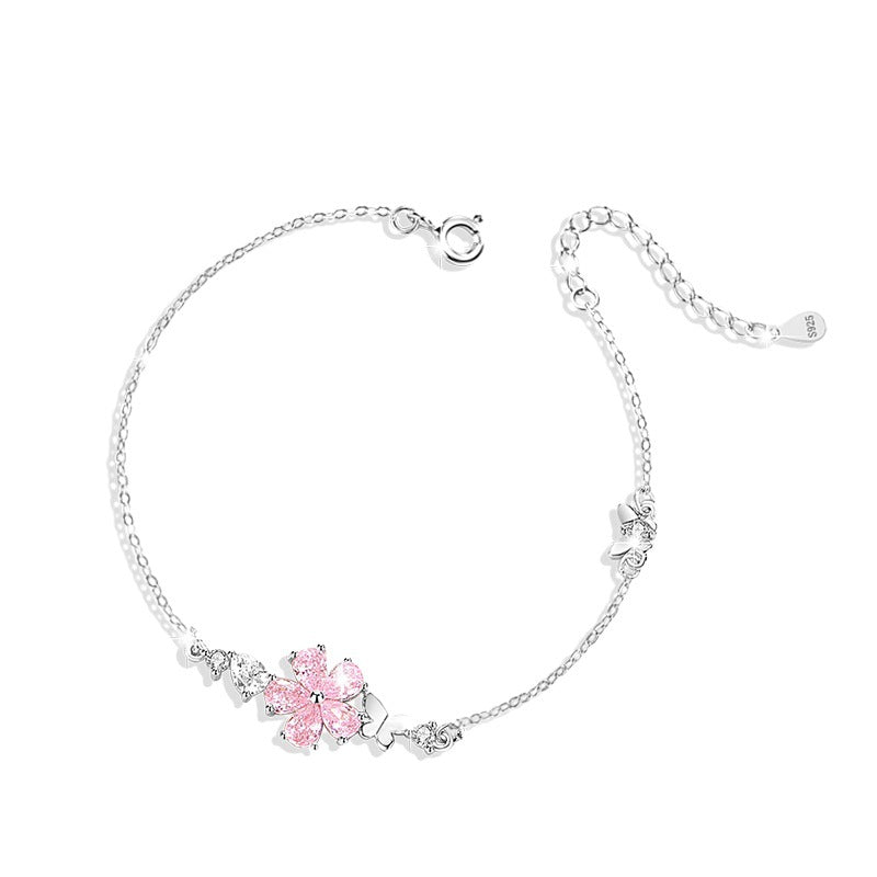 Bracciale in argento sterling 925 – fiore di ciliegio e farfalla e zirconi rosa
