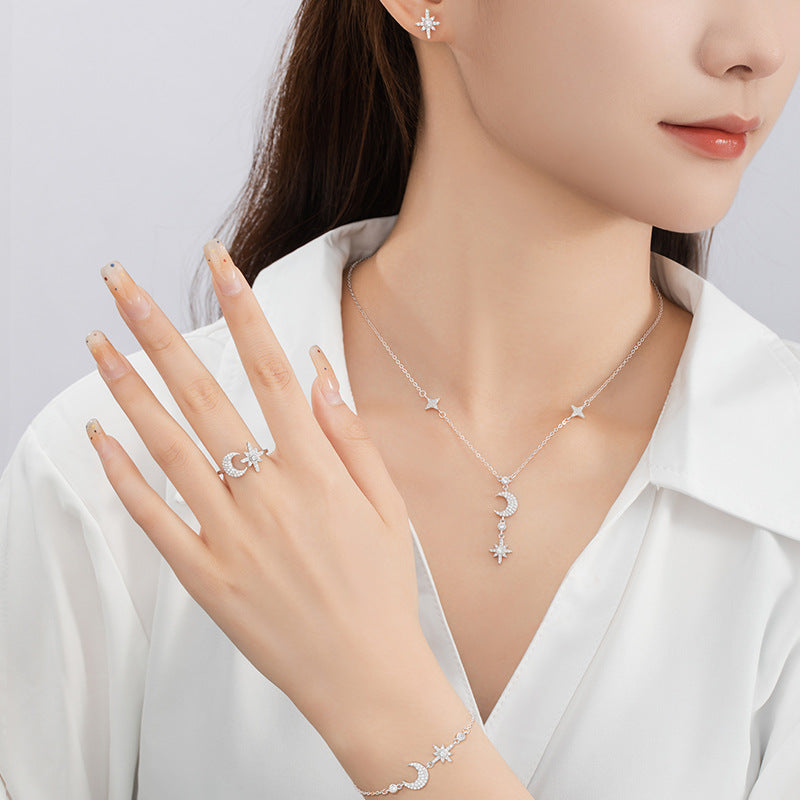 Star Moon Sterling Silver 925 Necklace Niche Design Light Luxury Zircon Eight Awn Star Clavicle Chain Ins Tassel Pendant